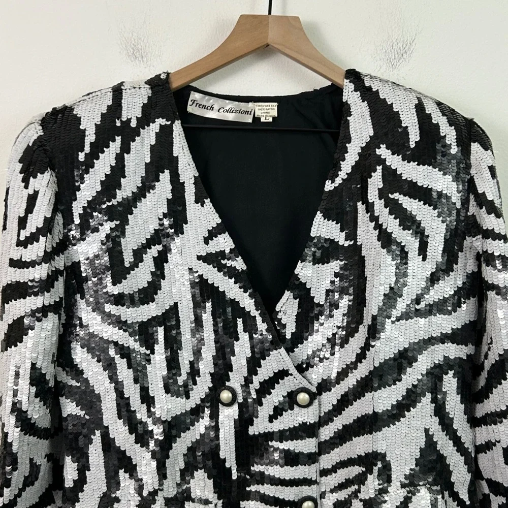 Vintage French Collizioni Zebra Silk  Sequin Double Breasted Blazer Womens Large